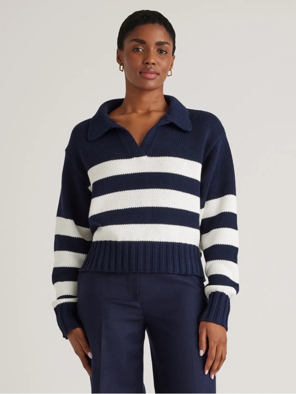Quince Navy and White Striped V-Neck Sweater